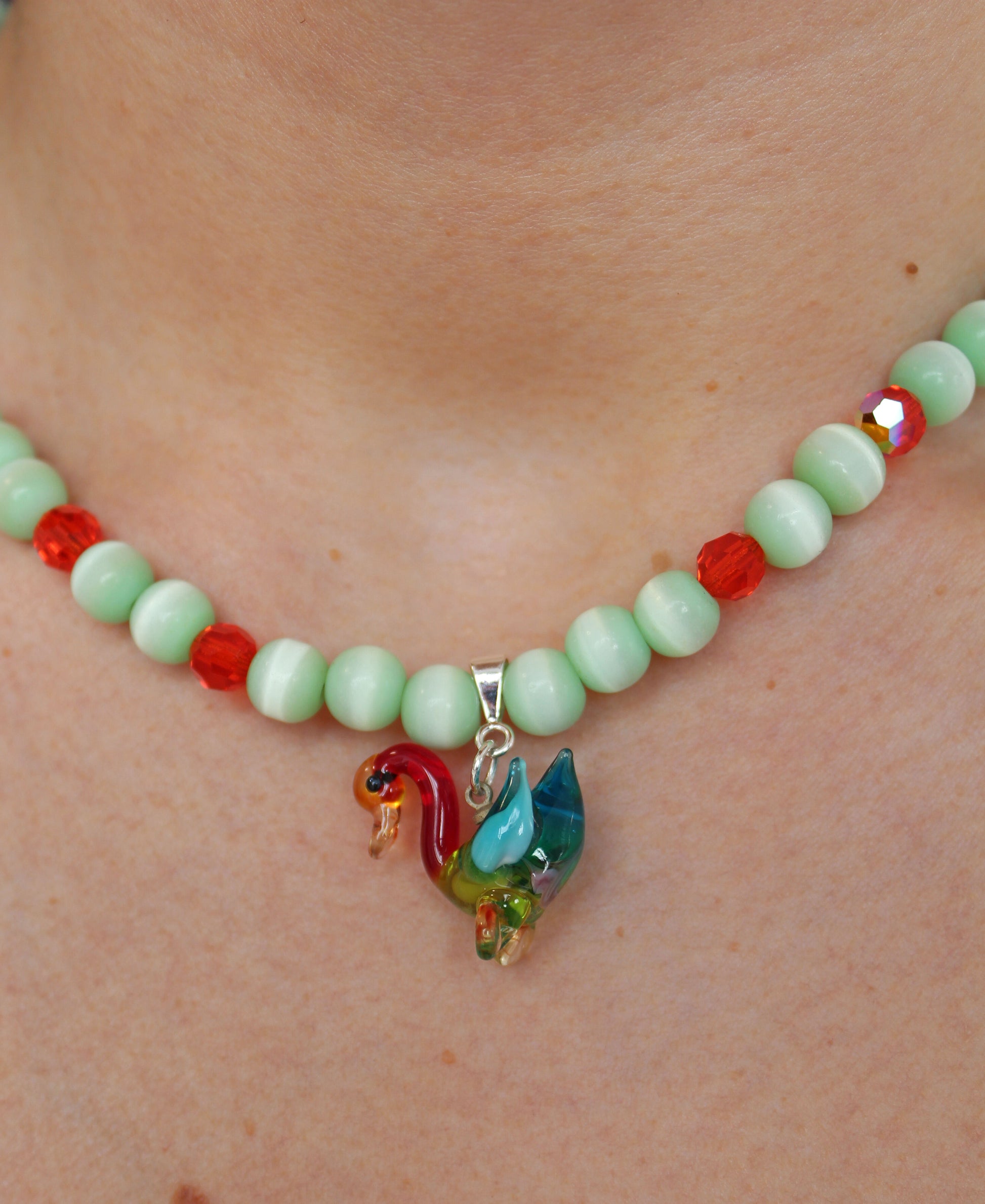 Orange & Green Glass Duck Necklace - Bazaare