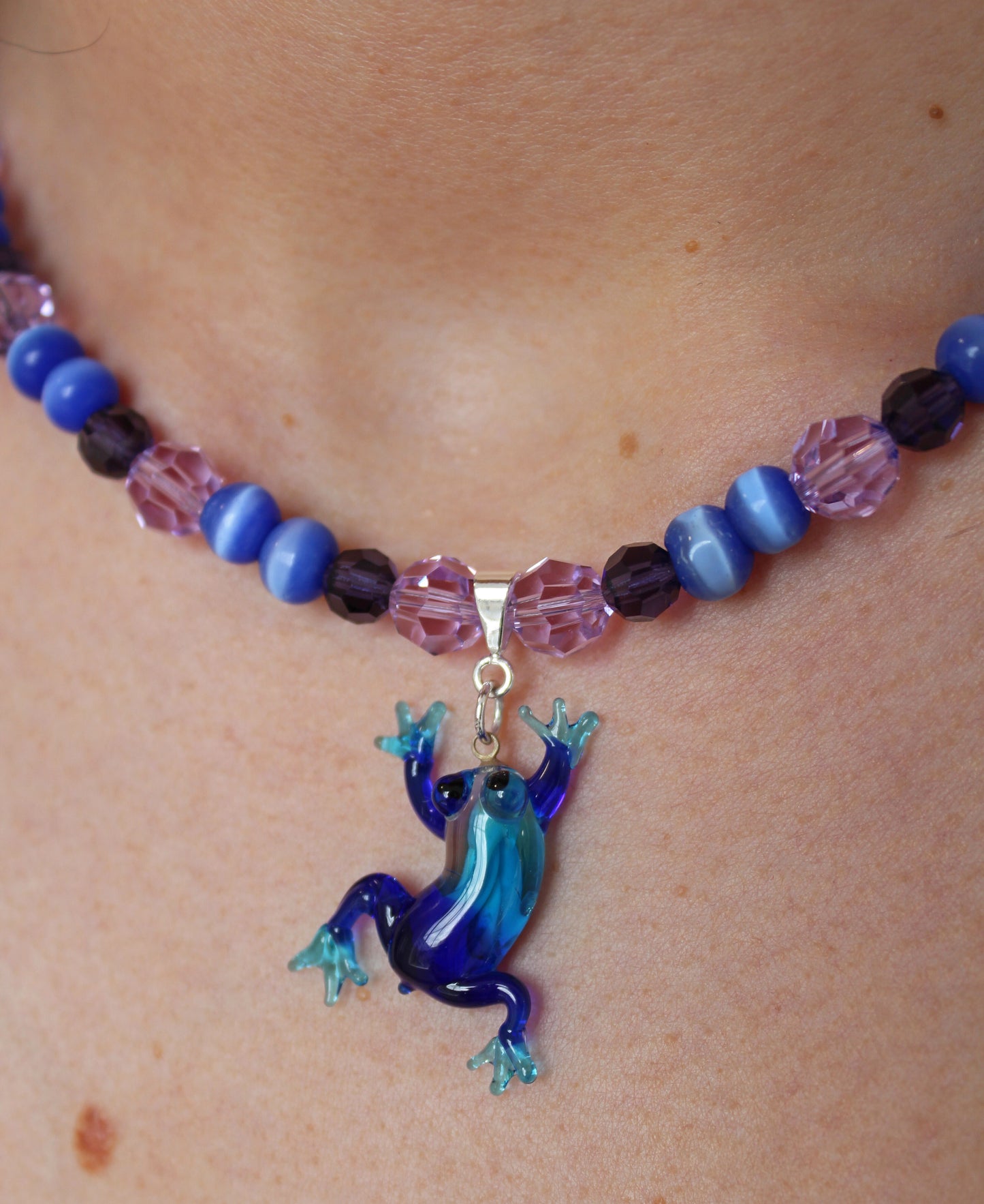 Multi Blue & Lilac Glass Frog Necklace - Bazaare