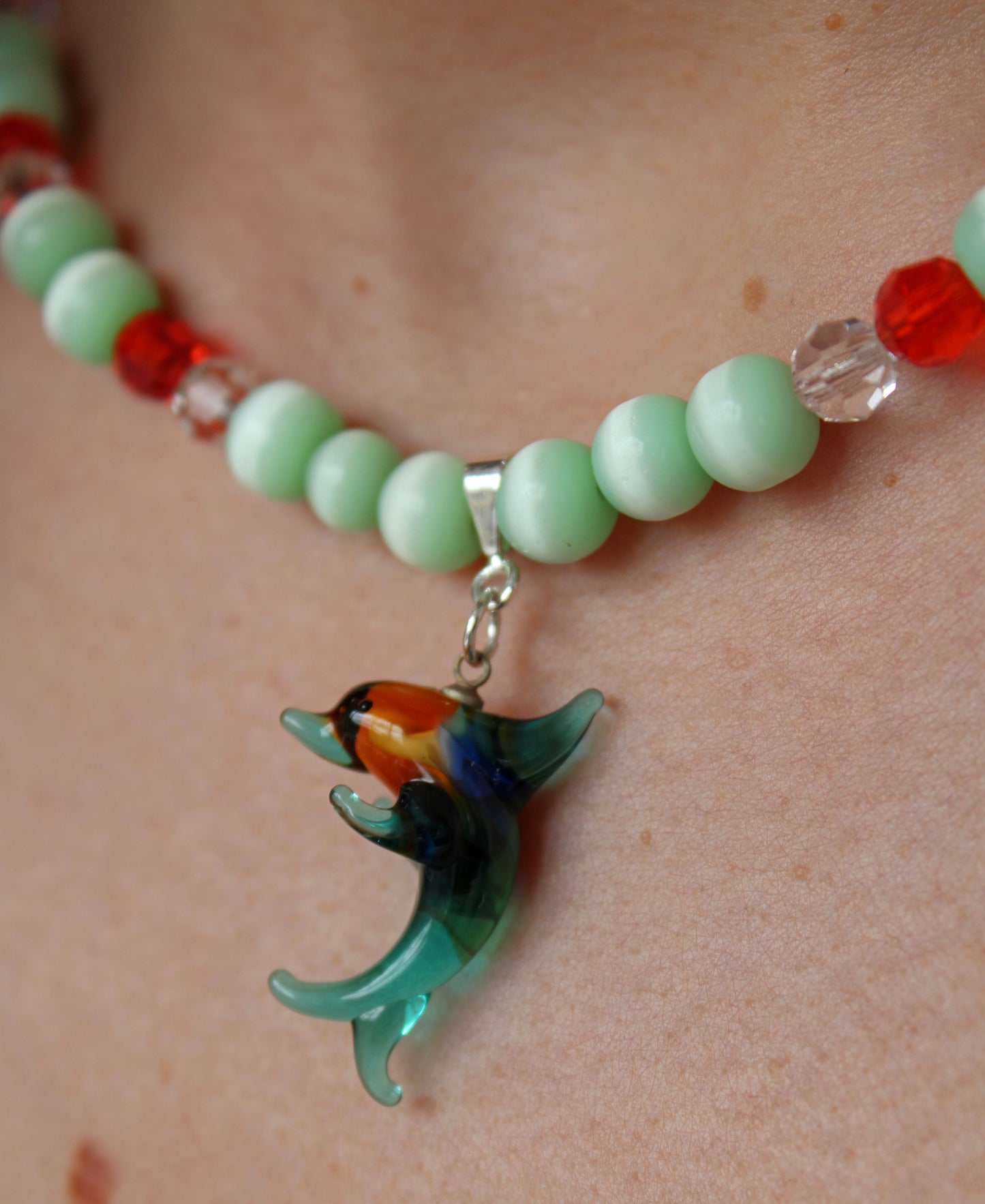 Pale Green & Orange Glass Dolphin Necklace - Bazaare
