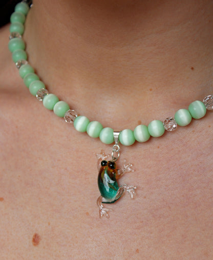 Pale Green & Crystal Glass Frog Necklace - Bazaare