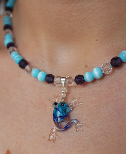 Multi Blue Glass Frog Necklace - Bazaare