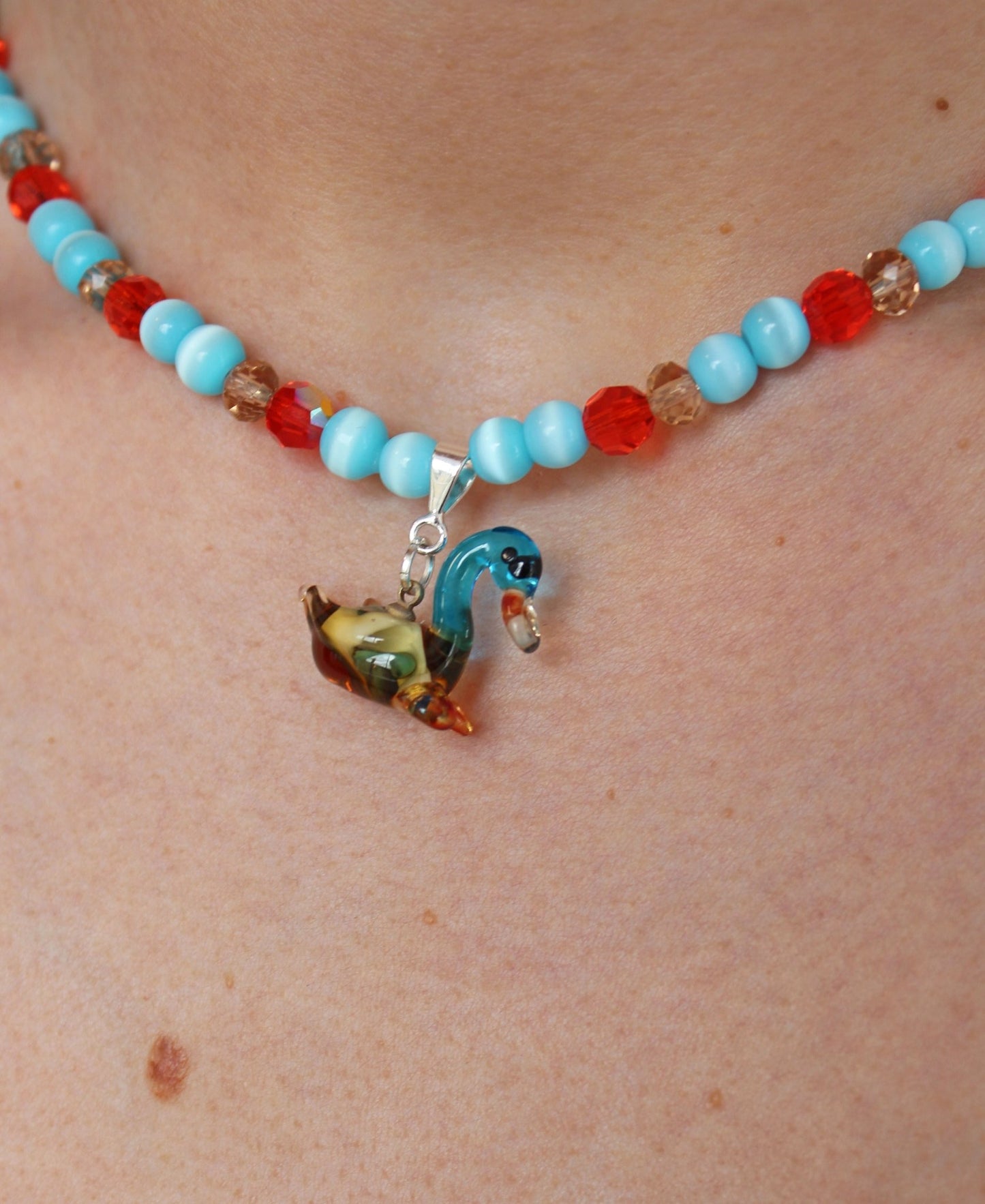 Blue & Orange Glass Duck Necklace - Bazaare All Products