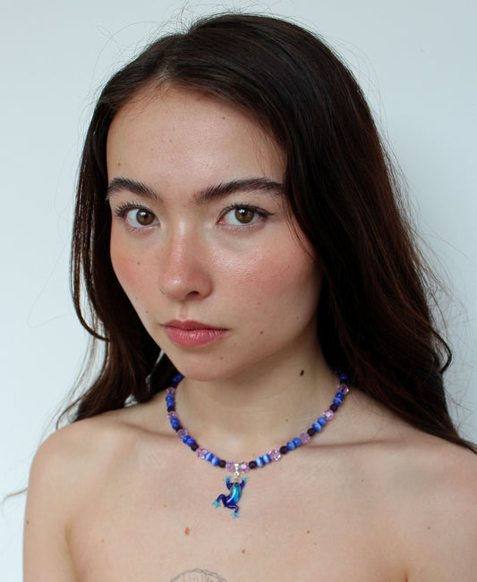 Multi Blue & Lilac Glass Frog Necklace - Bazaare