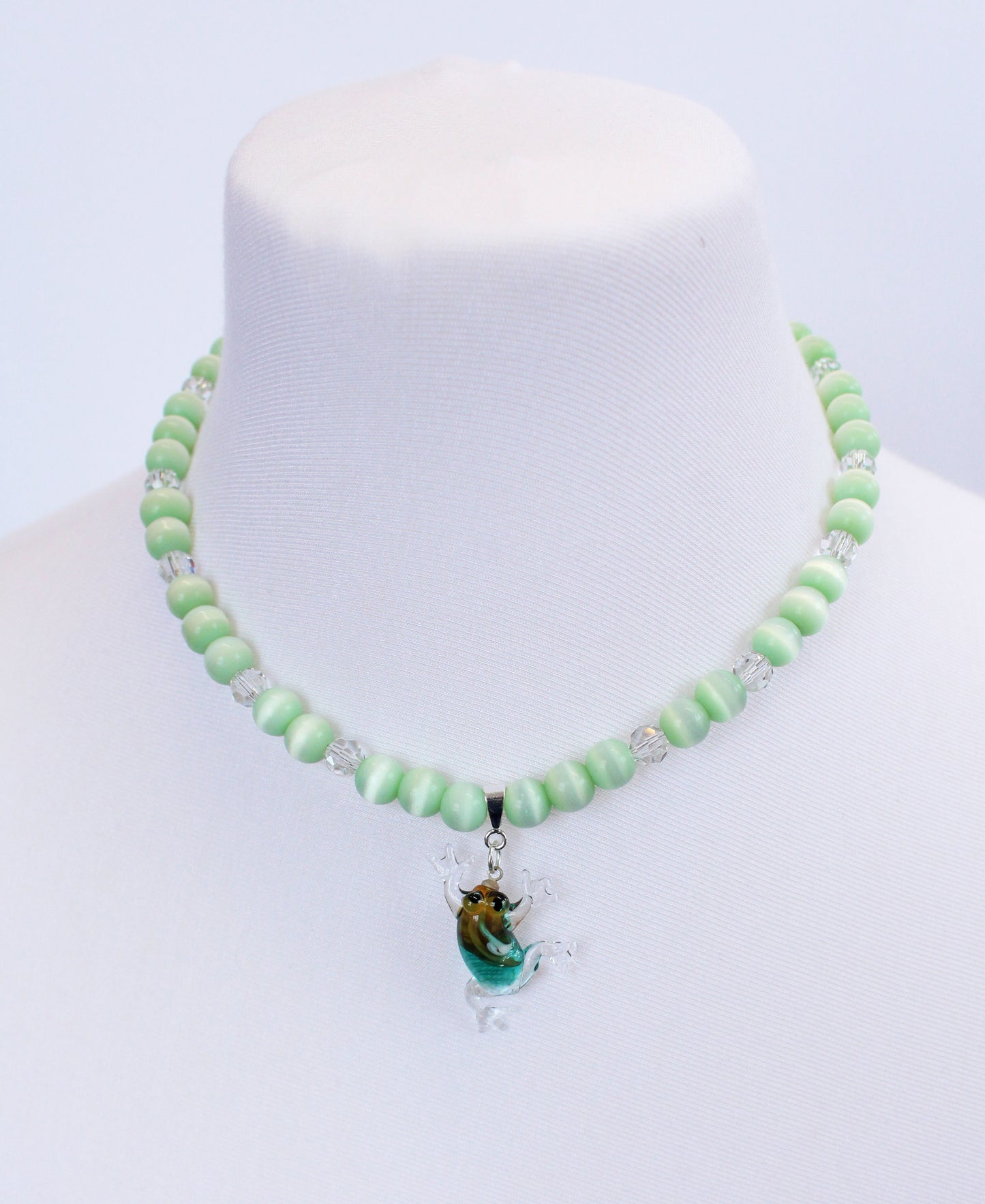 Pale Green & Crystal Glass Frog Necklace - Bazaare