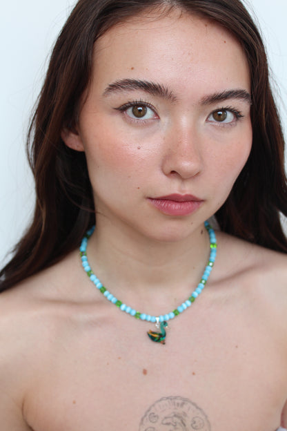 Pale Blue & Green Glass Duck Necklace - Bazaare