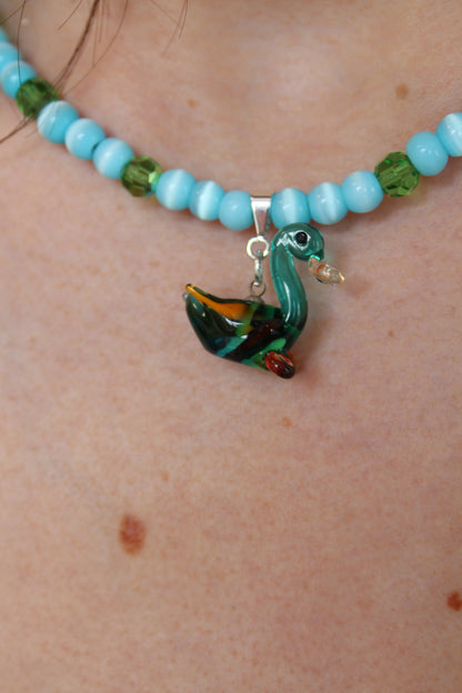 Pale Blue & Green Glass Duck Necklace - Bazaare
